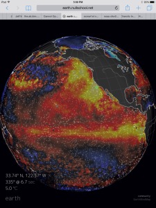 Very hot temperature anomalies throughout the Eastern Pacific running from Equator to Northern Hemisphere Pole were a major contributor to record-breaking global heat during June. Still warming waters in the Equatorial zone are likely to pump still more heat into an atmosphere overburdened with human greenhouse gas emissions through at least early 2016. Image source: Earth Nullschool